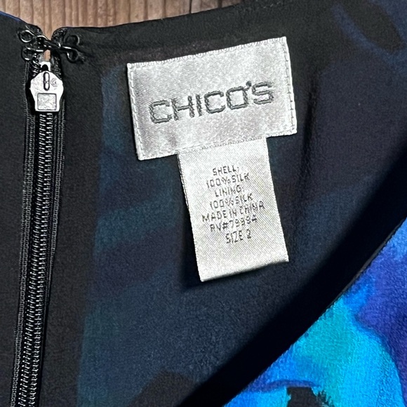 Chico’s 100% Silk Elegant Watercolor Blue Teal Floral Ruffle Maxi Dress Sz Large - Picture 3 of 11